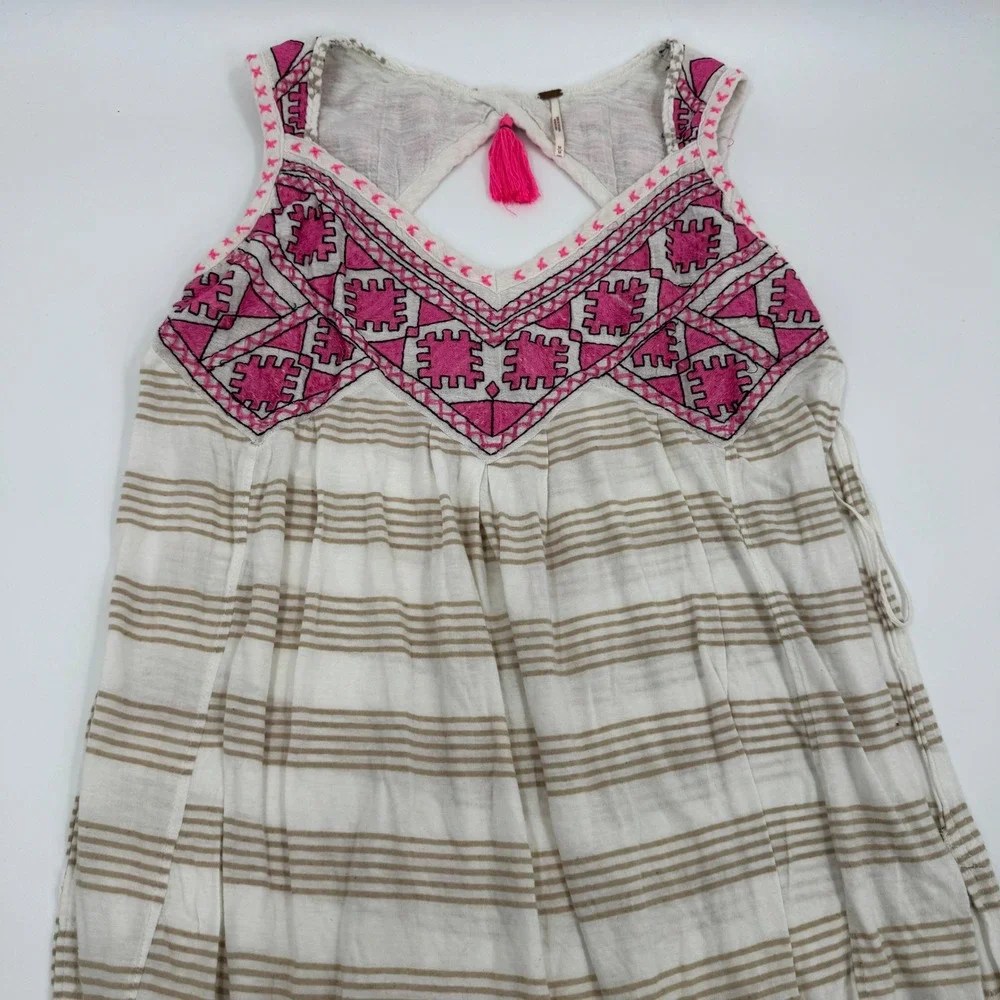 Free People Pink Embroidered Tassel Keyhole Striped Boho Tunic Top Mens M‎